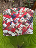 artistic, luxurious silk scarf with original photograph of colourful costume jewellery earrings on red background, made in Canada