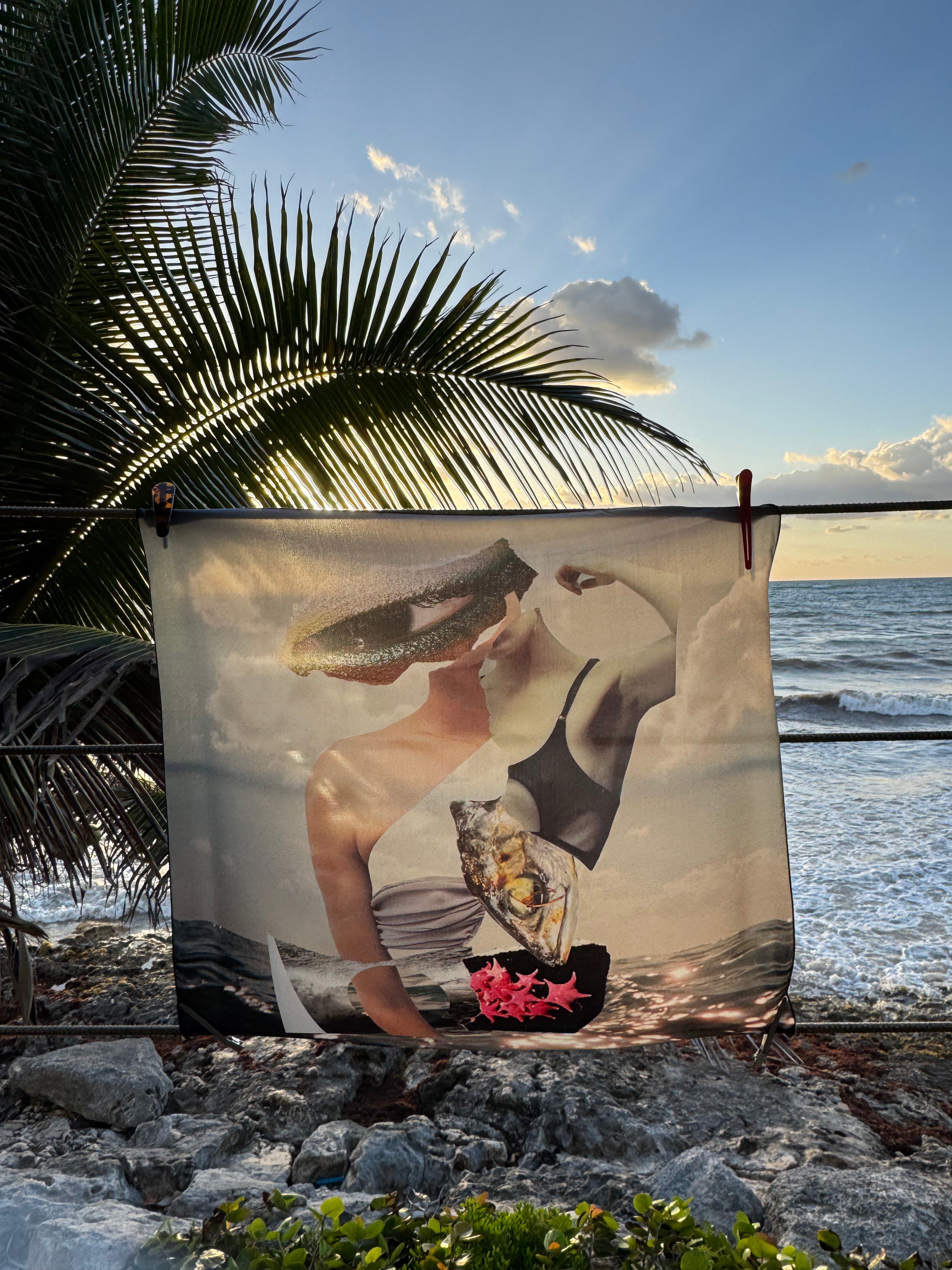 artistic, luxurious silk scarf with original collage art on top of an ocean scene, made in Canada