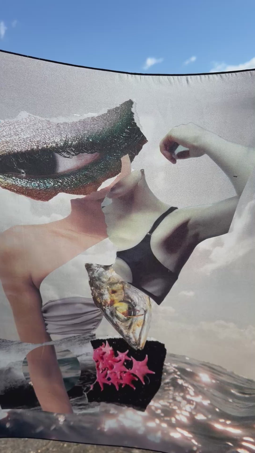 artistic, luxurious silk scarf with original collage art on top of an ocean scene, made in Canada
